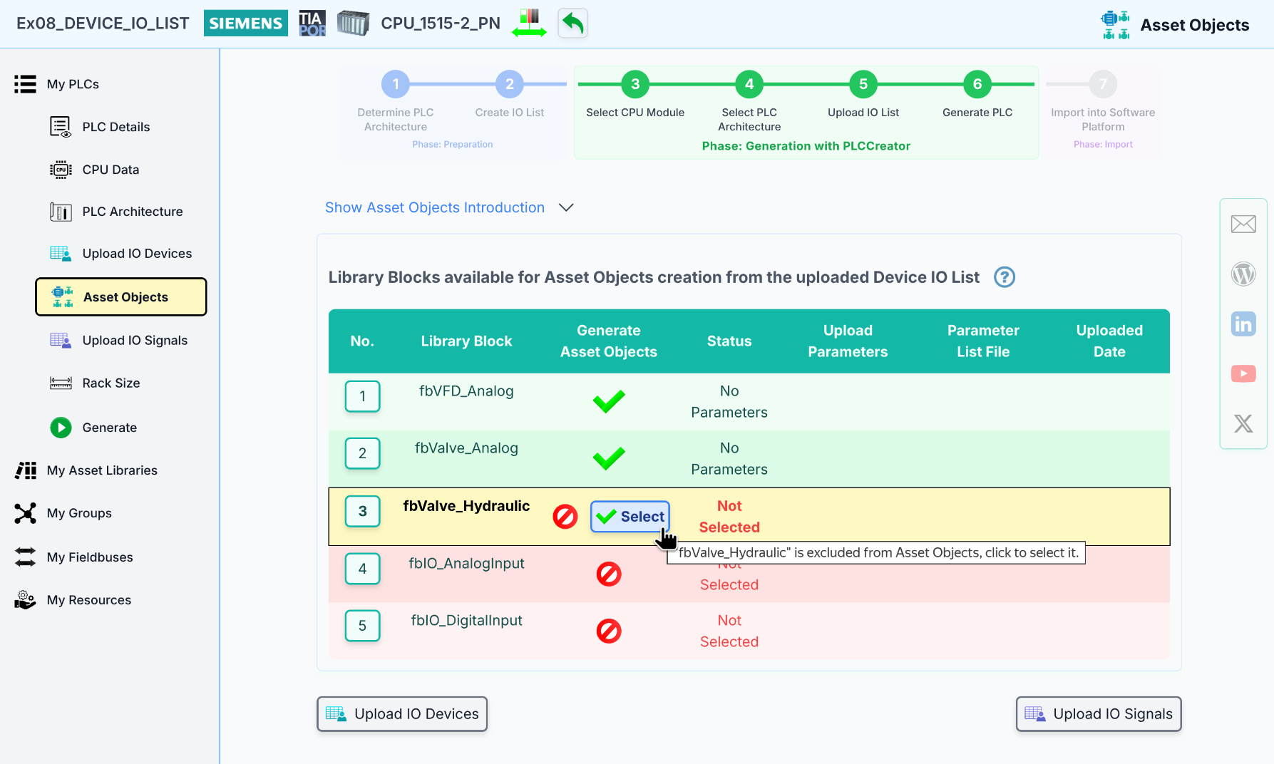 Asset Objects Selection Interface